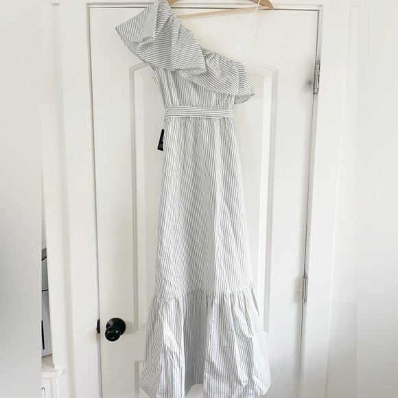 Express One Shoulder Striped Ruffle Poplin Maxi Dress - S - Picture 7 of 7